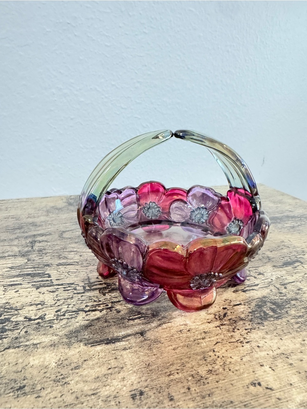 Pink & Purple Floral Glass Basket Decorative Art Glass Dish - Picture 7 of 12